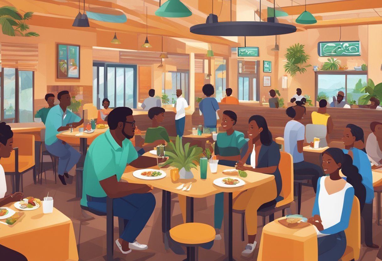 A bustling restaurant in Côte d'Ivoire utilizes digital marketing strategies to increase its customer base and visibility. The vibrant atmosphere and delicious food attract a diverse crowd of patrons