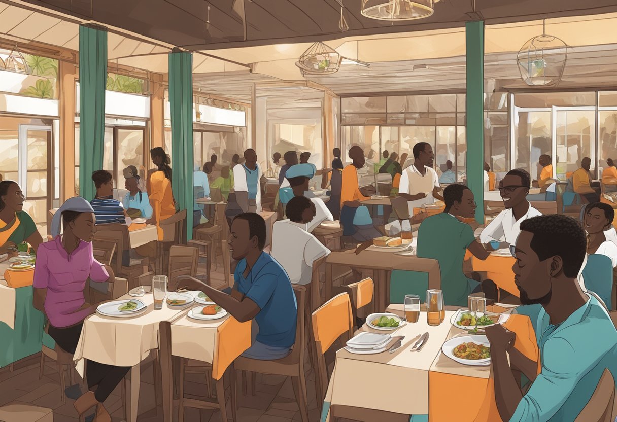 A bustling restaurant scene in Côte d'Ivoire with digital marketing solutions and strategies being implemented to increase business