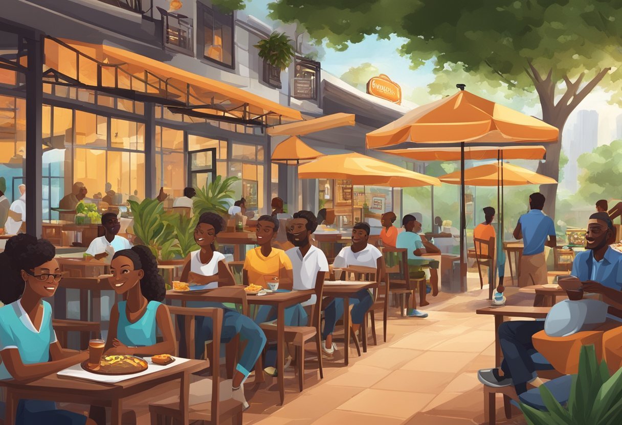 A bustling local restaurant in Côte d'Ivoire utilizes digital marketing to attract customers. Vibrant signage and social media promotions increase visibility and foot traffic